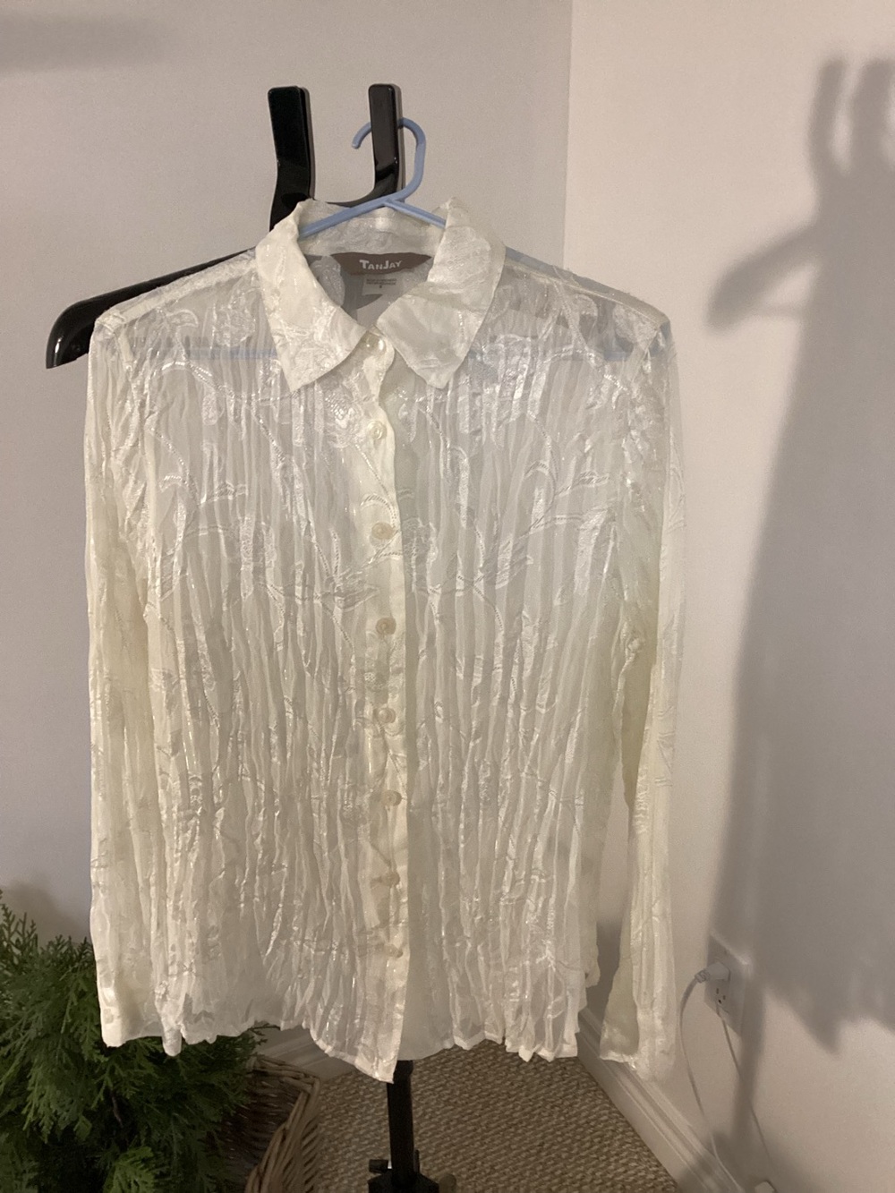Vintage TANJAY Ivory Sheer Long Sleeve Crinkle Button-Up Blouse Size 8